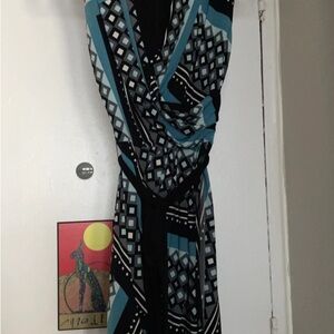 Le Chateau Blue and Black Patterned Wrap Dress with Belt